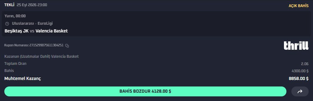 NbaEngProps's tweet photo. #EuroLeaguePicks 🏀

Beşiktaş – Valencia Basket
Tercihim: Valencia kazanır | 2.06

Valencia’yı bu eşleşmede önde görüyorum. Beşiktaş, Fenerbahçe karşısında hem hücum üretiminde hem savunmada yetersiz kaldı. Özellikle Furkan Korkmaz’ın savunması hiç güven vermedi, Fenerbahçe çok iyi oynamadan rahat kazandı.

Valencia’nın yeni takviyelerini beğeniyorum. TJ Shorts’un ikili oyunları ve Kameron Taylor’ın çembere gidişleriyle Beşiktaş savunmasını zorlayabileceklerini düşünüyorum. Beşiktaş’ın yardım getirdiği pozisyonlarda Valencia’nın dış şut tehditleri devreye girebilir.

Beklediğim haber de geldi: Neal Sako, Nikola Mirotic ve Jasiel Rivero’nun üçü de maç kadrosunda. Süreleri henüz net değil ancak uzun rotasyonundaki seçeneklerin artması önemli. Özellikle Zizic–Gabriel karşısında ribauntu kontrol edebilirlerse Valencia’nın işi kolaylaşacaktır.

Beşiktaş’ın saha avantajı var ama bu eşleşmede Valencia’ya açılan 2.06 oranı beğendim, tercihimi galibiyetlerinden yana kullandım.

Bol kazançlar 🔌
