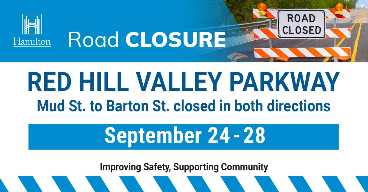 cityofhamilton's tweet photo. REMINDER: The RHVP is closed in both directions from Mud St to Barton St until Monday, Sept 28 at 5am for rehabilitation and infrastructure maintenance work. Follow posted detour routes and allow extra time for travel. https://t.co/PYiWuV31I2