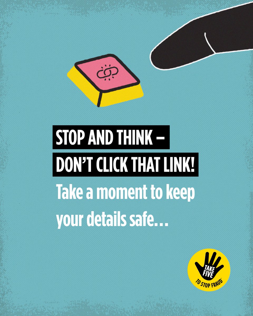DenbighshireTr1's tweet photo. Important message from @takefivetostopfraud ⚠️
Stop and Think – don’t click that link. Criminals are experts at using technology to commit fraud.
· Always type the web address directly it into your browser
#TakeFive #StopChallengeProtect #TypeDontTap https://t.co/ro0kv91iCU
