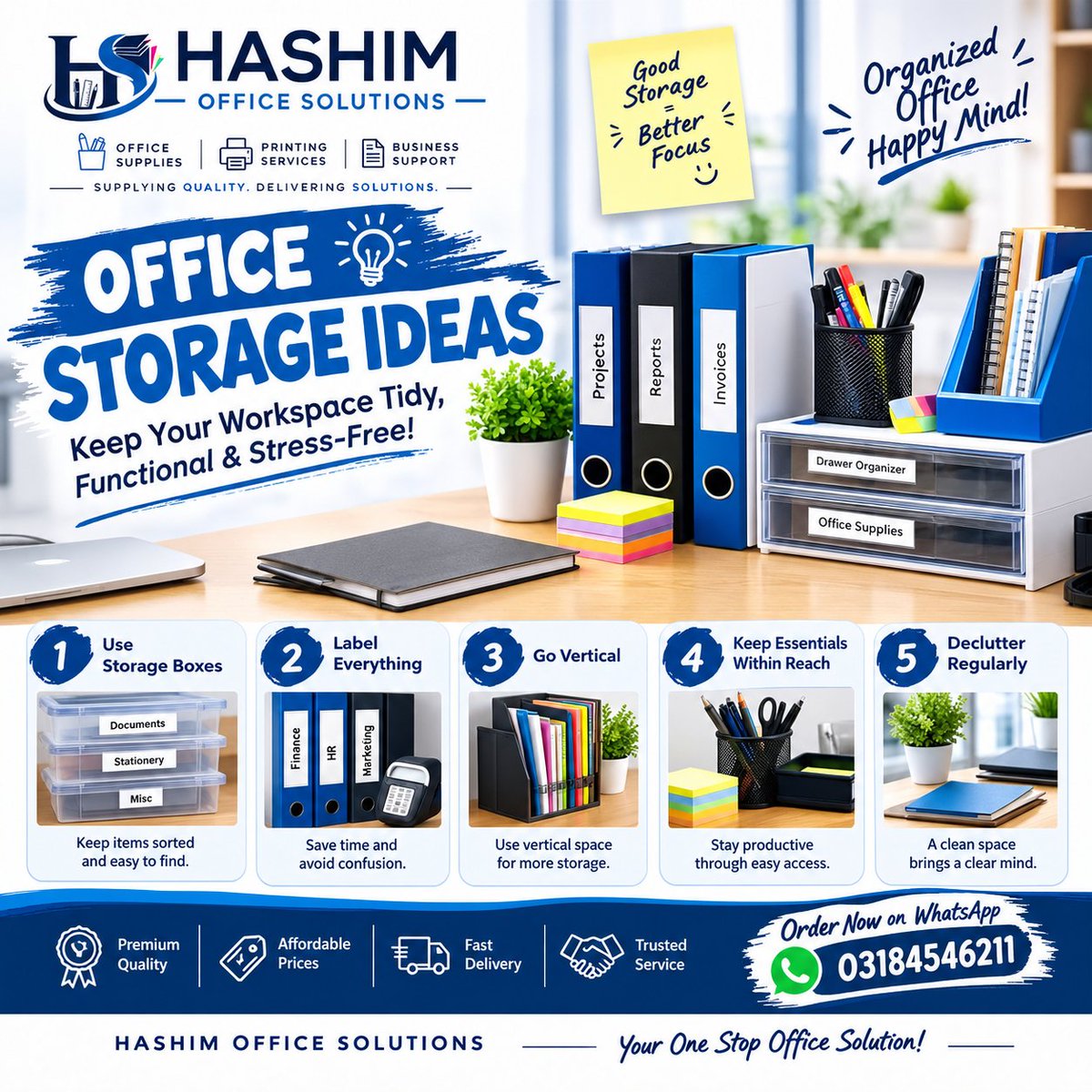 HashimSolutiond's tweet photo. 5 storage ideas your desk needs: boxes, labels, vertical space, easy-reach essentials, and regular decluttering. 📌
📲 03184546211

#OfficeStorage #OfficeOrganization #DeclutterYourDesk https://t.co/xtc5bKAv6E