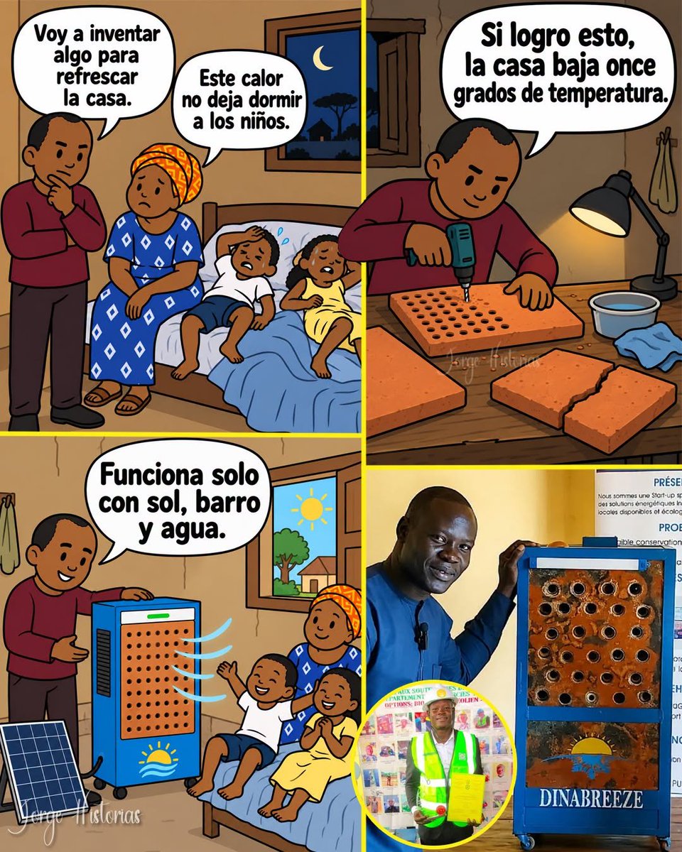 RincnCuriosoo's tweet photo. Un ingeniero camerunés inventó un aire acondicionado que enfría con barro y funciona con energía solar.

Didier Dinamou creó este sistema pensando en zonas de África como el Sahel, donde el calor extremo es un problema serio y muchas casas no tienen acceso a la electricidad. Su invento funciona con un método sencillo, un pequeño ventilador empuja el aire caliente a través de unos tubos de barro cocido y húmedo, y cuando esa agua se evapora, el aire que sale ya está mucho más fresco, logrando bajar la temperatura de un cuarto de 36 a 25 grados.

Al no usar gases ni motores grandes, el aparato no hace ruido ni vibra, y además da luz LED y permite cargar celulares, todo gracias a paneles solares. Su proyecto ya ganó el primer lugar en un concurso llamado EDF Pulse Africa, y aunque todavía no tiene un precio definido, la meta de Didier es que sea accesible para la mayor cantidad de personas posible.