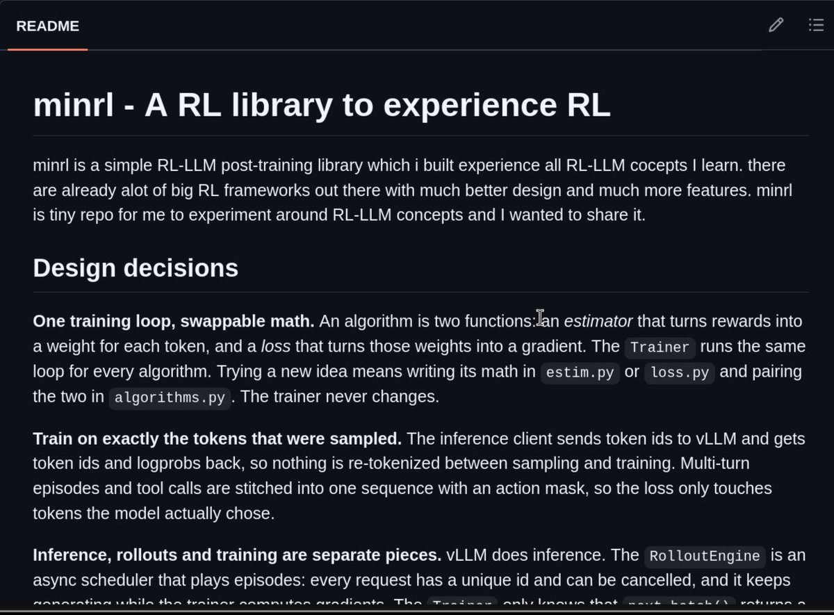 HimanshuSh58438's tweet photo. very happy to share the work i have been doing lately. 
Introducing MinRL - A RL library to experience RL 

MinRl is a small RL library for post-training and do experiments on new concepts i learn. https://t.co/2mnxkvqvk6