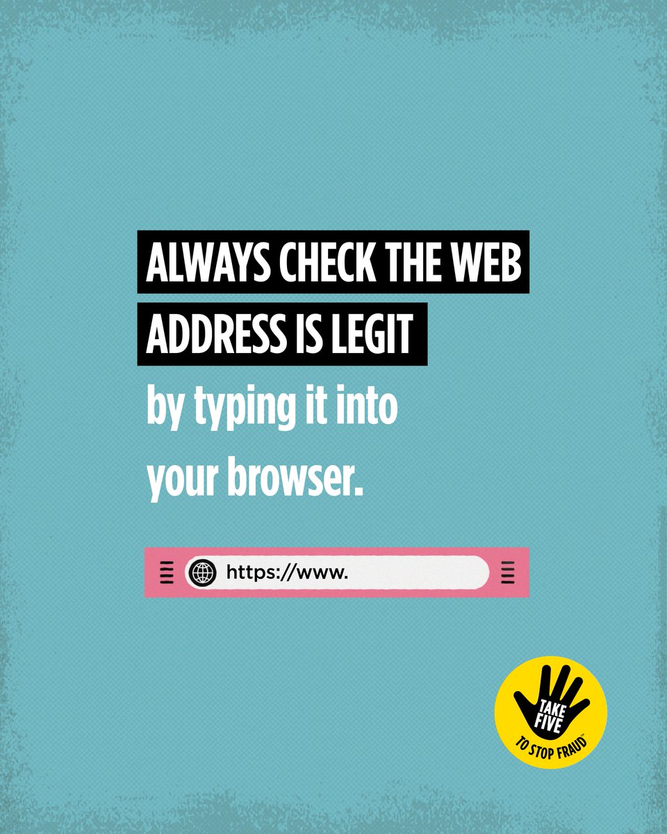SafonauD's tweet photo. Important message from @takefivetostopfraud ⚠️
Stop and Think – don’t click that link. Criminals are experts at using technology to commit fraud.
· Always type the web address directly it into your browser
#TakeFive #StopChallengeProtect #TypeDontTap https://t.co/sTge696HXb