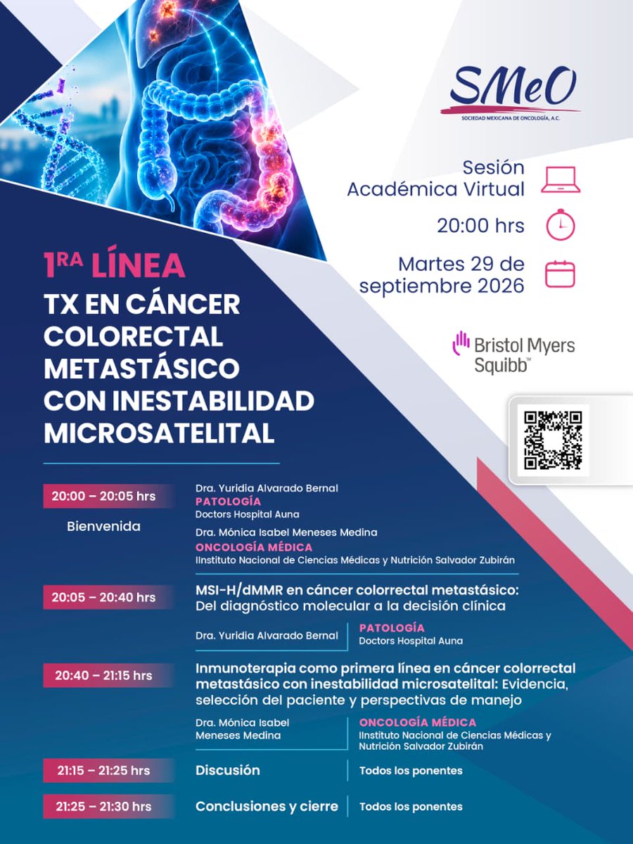 SMEOMX's tweet photo. 🧬 Consulta el programa del 29 de septiembre: MSI-H/dMMR, diagnóstico molecular, decisión clínica e inmunoterapia en primera línea.
🕗 20:00 hrs CDMX.
https://t.co/WIgswWrcA6
#SMeO #CáncerColorrectal https://t.co/S54NJRN8iA