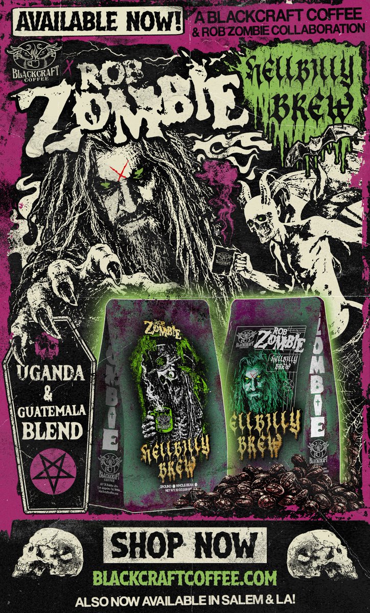 RobZombie's tweet photo. Rob Zombie x Black Craft Coffee present Hellbilly Brew!

Available now at https://t.co/sU7R9F7va8 and in-store in Los Angeles, CA + Salem, MA

Wake up and get yours now!
🦇⚰️ https://t.co/loWVoepz1W