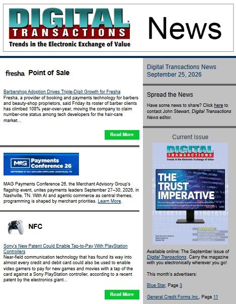 DTPaymentNews's tweet photo. Today's Digital Transactions News: Hair Cuts Add up for Fresha; Sony’s Controller Payment Patent; Plus Weekly Recap
https://t.co/vlhRTCFMXe
#payments #WeeklyRecap #Fresha #barbershops #POSsoftware #Sony #PlayStation #videogaming #NFC #softPOS #Finix #Android #POSterminals https://t.co/VDyzi6nLpZ
