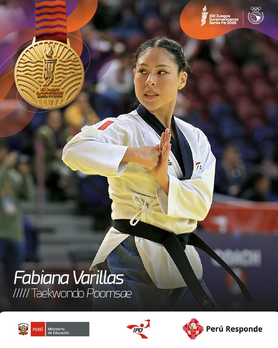 ipdperu's tweet photo. 🥇🇵🇪 ¡𝗢𝗿𝗼 𝗽𝗮𝗿𝗮 𝗣𝗲𝗿𝘂́!

Faviana Varillas se consagró campeona en taekwondo, modalidad poomsae, en los Juegos Suramericanos Santa Fe 2026. 💪

La integrante del Programa Lima 2027 del IPD tuvo una gran actuación y sumó una nueva medalla de oro para nuestro país.

¡Gracias, Faviana, por esta alegría! 🇵🇪✨