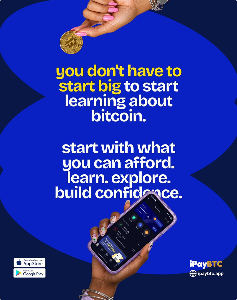 ipayBTCapp's tweet photo. You don’t have to start big to start with Bitcoin⚡

With iPayBTC, you can buy Bitcoin with as little as #500.

Start small. Learn. Explore. Build your confidence.

Your Bitcoin journey can start with ₦500.

#iPayBTC #Bitcoin #StartWith500 #FYP #Lifestyle https://t.co/yVXiFeDucK