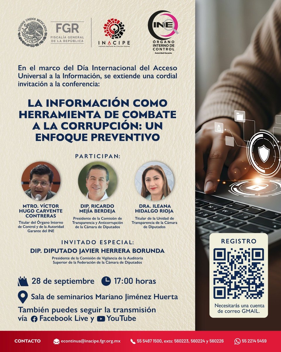 AG_INEoficial's tweet photo. #AGComparte 📢
En colaboración con el @INACIPE, te recordamos nuestra invitación a la conferencia “La información como herramienta de combate a la corrupción: un enfoque preventivo”. 🔎✨
Participará el Titular del OIC y de la Autoridad Garante del INE, el Mtro. Víctor Hugo Carvente Contreras.
📅 28 de septiembre | 🕔 17:00 h
📍 Sala de Seminarios Mariano Jiménez Huerta ubicada en Magisterio Nacional 113, Tlalpan Centro I, Tlalpan, CDMX.
💻 También podrás seguir la transmisión en Facebook Live y YouTube.
¡Consulta el cartel y regístrate! 👇