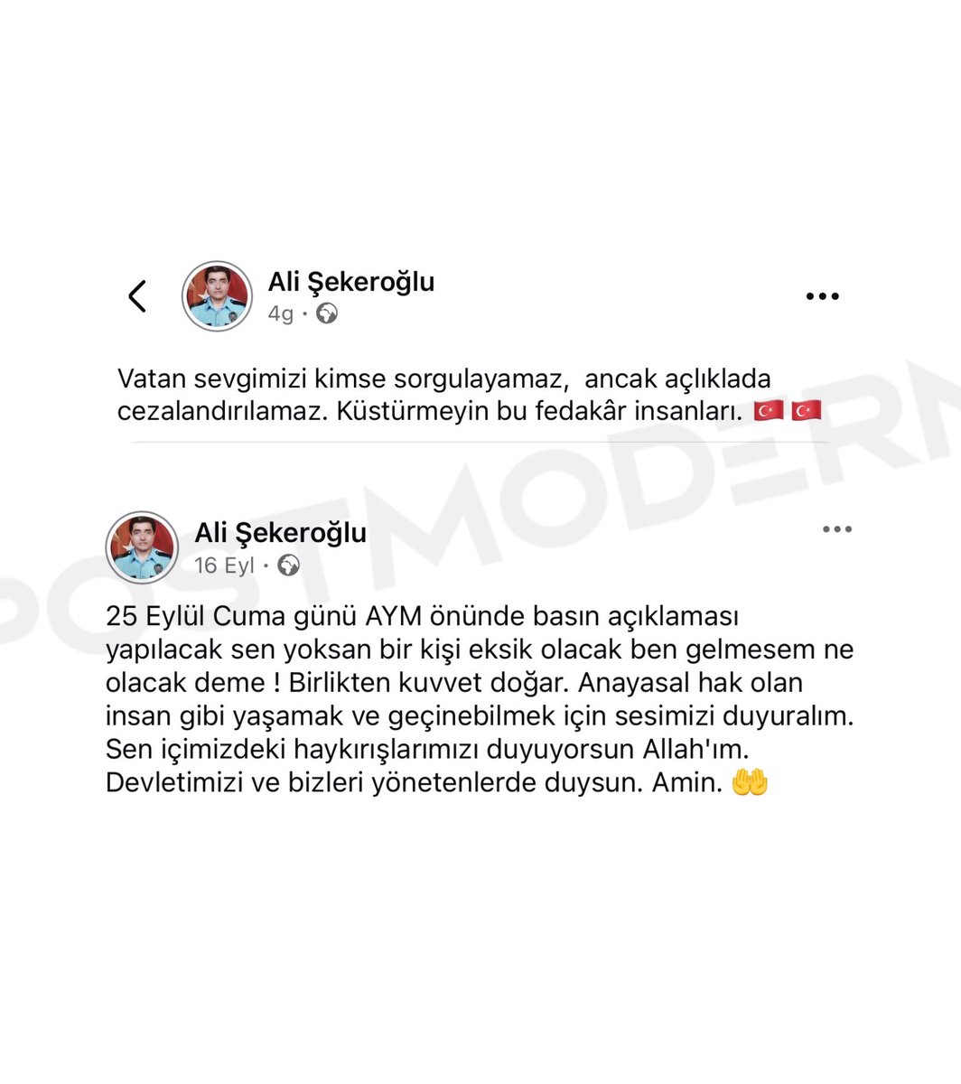 istbarososu's tweet photo. İnt*har ederek hayatını kaybeden emekli polis memuru Ali Şekeroğlu’nun son paylaşımları: 

— “Vatan sevgimizi kimse sorgulayamaz, ancak açlıkla da cezalandıramaz. Küstürmeyin bu fedakar insanları.”

— 25 Eylül AYM önündeki eylem için: “Sen yoksan, bir kişi eksik olacak. ‘Ben gelmesem ne olacak?’ deme! Birlikten kuvvet doğar. Anayasal hak olan insan gibi yaşamak ve geçinebilmek için sesimizi duyuralım.”