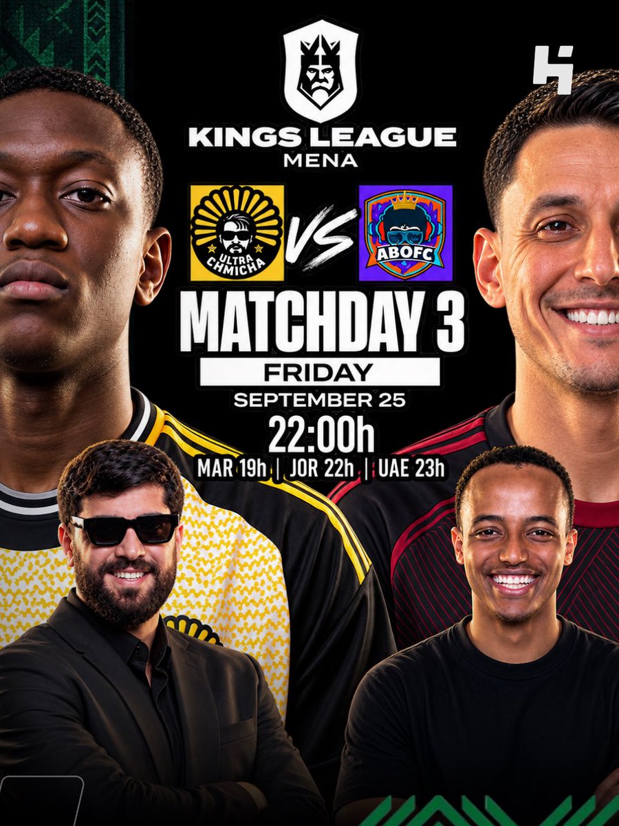 HypeCastSA's tweet photo. 🚨 | ULC × ABO FC
اليوم الساعة 10:00 مساءً، ضمن الجولة الثالثة من Kings League MENA ⚽️🔥
#HypeCast #KingsLeagueMENA #ULC #ABOFC https://t.co/QFX3Q5iYko