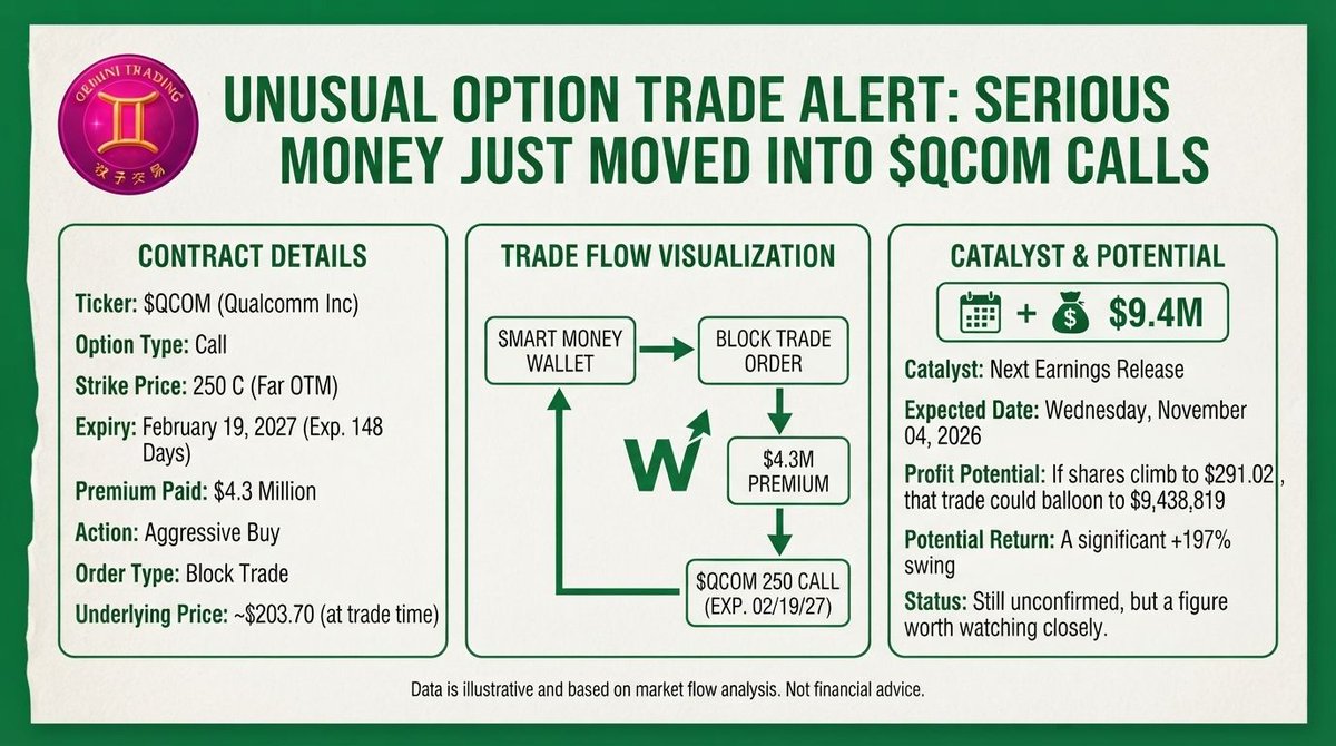 📊 $QCOM unusual flow — Print #26

Claimed $4.3M BLOCK buy: Feb'27 $250 CALLS, far OTM (22.7%), stock ~$203.70.

✅ Catalyst works: Nov 4 earnings INSIDE the exp
