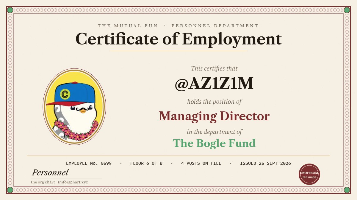 AZ1Z1M's tweet photo. Got my desk at @TheMutualFun

Managing Director, The Bogle Fund
Employee No. 0599

TMF is basically turning X activity into an org chart

Post about the project and your handle gets assigned a permanent department

Your role stays with you while the company keeps growing

check where you landed
https://t.co/NVQsYfwkuW