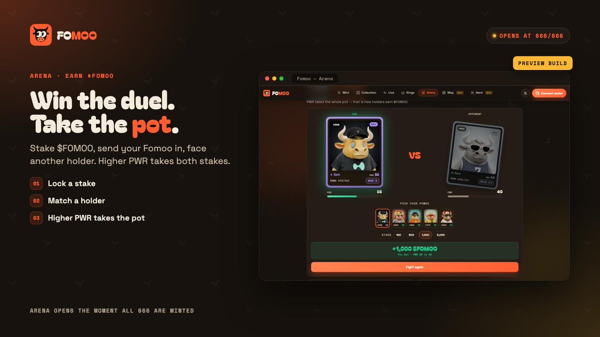 getFoMoo's tweet photo. Your Fomoo isn't just a card. It's a fighter.

Arena: stake $FOMOO, face another holder, higher PWR takes the whole pot.

It opens the moment all 666 are minted. Every mint brings it closer. https://t.co/RcYBgiIZhw