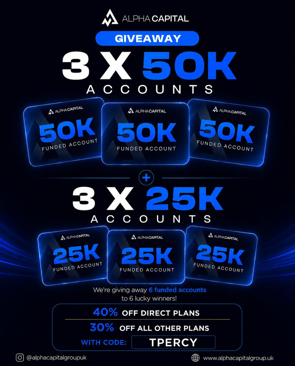 traderpercy's tweet photo. 🚨 $225K Giveaway with @AlphaCapitalUK 🚨

Enjoy 50% OFF discount with code: TPERCY50

Follow :
@traderpercy
@AlphaCapitalUK 

🔹 Like & Repost this post

🔹 Tag 3 Friends

🔹 Join Discord: https://t.co/5jO7StZvSv

🔹 Sign up at https://t.co/lEJY6XTYE5

Winners in 5 days! ⏱️
#AlphaCapitalGroup