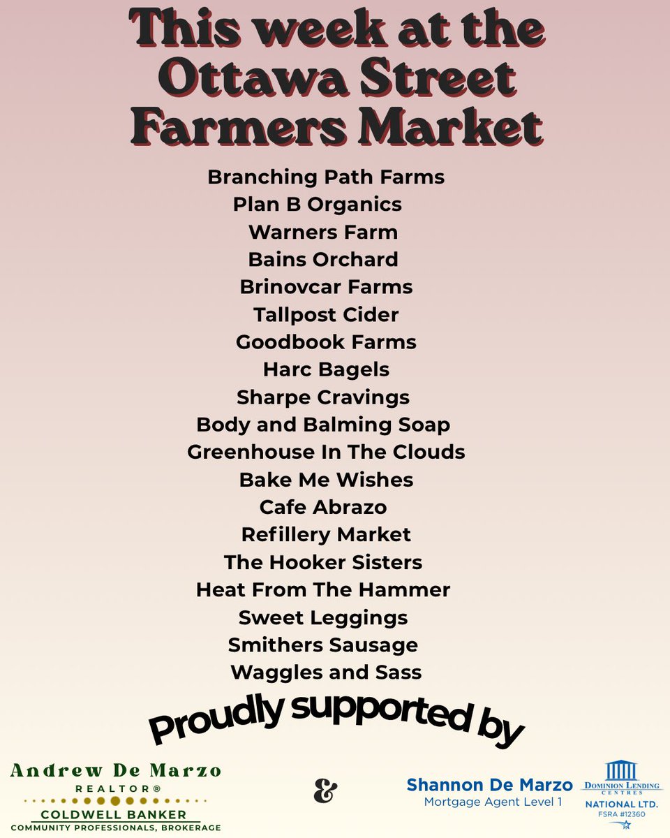OttawaStFarmers's tweet photo. Vendors List for September 26th!
Reminder Ottawa Street is closed tomorrow for the sidewalk sale, so side roads to Market.
See you tomorrow!!
#farmersmarket #fresh #local #farmersmarketontario #agont https://t.co/HizRHYGy4n