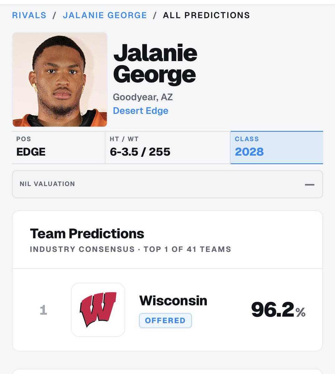 Badgers_44's tweet photo. 5⭐️ JALANIE GEORGE PROJECTED TO COMMIT TO WISCONSIN 👀🔥 https://t.co/aFOFH40u4Z