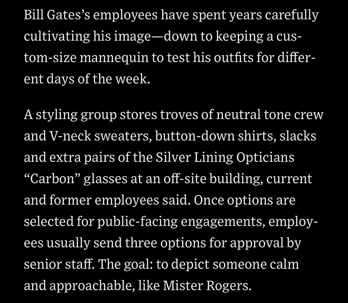 KatieMiller's tweet photo. I can’t watch anything with Bill Gates anymore without being reminded how his team purposefully puts his outfits on mannequins to make him look like Mister Rogers.  https://t.co/1ZsaAcJEmg https://t.co/805ro0Wy9Q