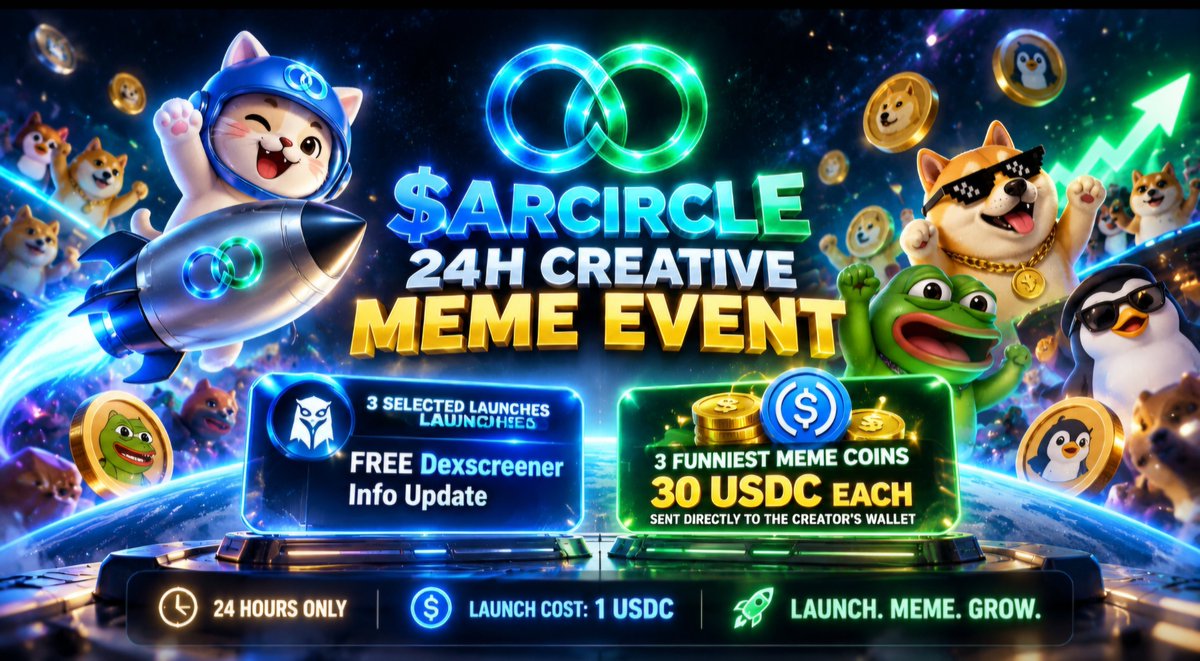 ARCIRCLEonArc's tweet photo. $ARCIRCLE - 24H CREATIVE MEME EVENT 🏗

Launch your coin for just 1 USDC and show us what you’ve got.

For the next 24 hours, we’ll select 3 creative, community-driven launches on $ARCIRCLE:
🎯 FREE Dexscreener Info Update

PLUS — we’ll pick 3 of the funniest & most entertaining meme coins:
💰 30 USDC each, sent directly to the creator’s wallet.

Be creative. Make people laugh. Build your community.

⏳ 24 HOURS ONLY
💸 Launch Cost: 1 USDC

Launch. Meme. Grow. ♾️