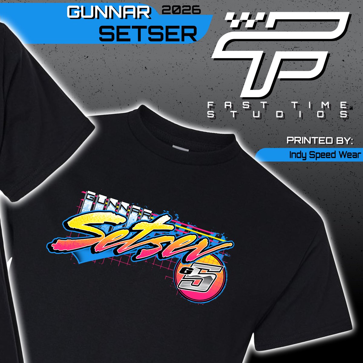 FastTimeStudios's tweet photo. Dropped last week but Gunnar Setser has new merch available at the @Four10Merch trailer at @EldoraSpeedway for the 4 Crown Nationals. https://t.co/xvuH5RqYgE
