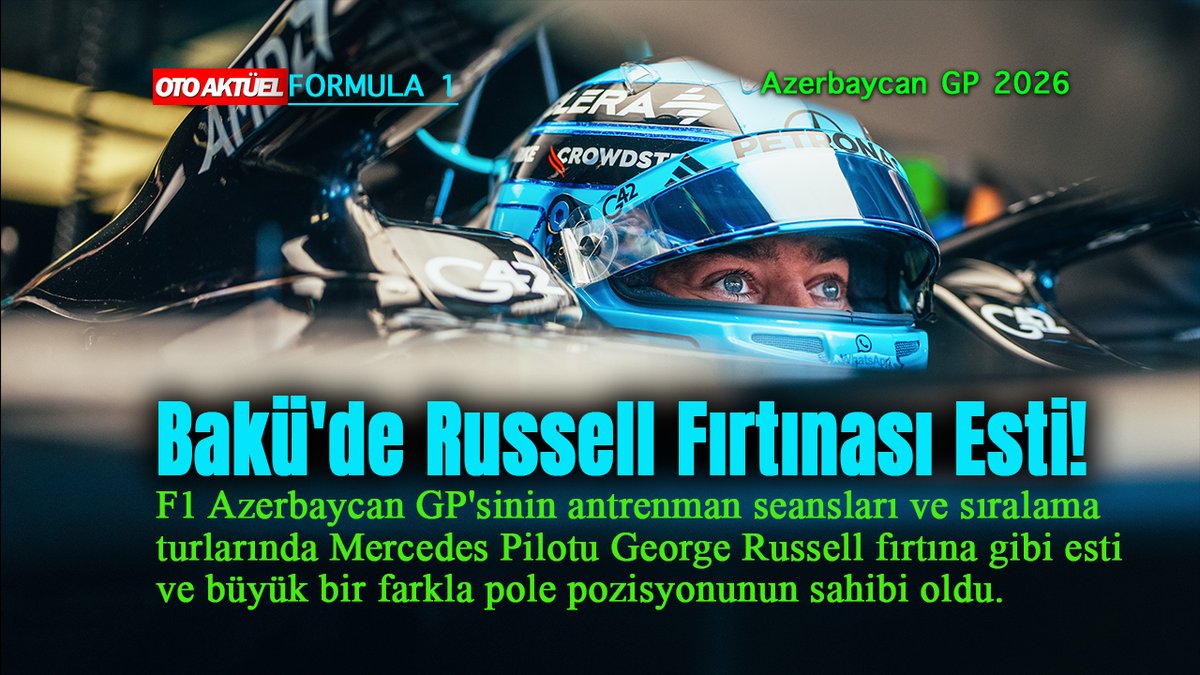 OtoAktuel's tweet photo. George Russell, 2026 Azerbaycan Grand Prix'sinin antrenman ve nefes kesen sıralama turları performansıyla sezonun en büyük farkıyla pol pozisyonunu kaptı.

Şampiyona lideri Kimi Antonelli ise duvara çarptı ve gördüğü hasar; sıralama turlarının kalan iki seansına veda etmesine neden oldu. 
Antoneli, kazadan önce attığı turlarda elde ettiği zaman ona 16. sıradan start almasını sağladı.
#F1 #Formula1 #AzerbaijanGP #Russell @f1rota