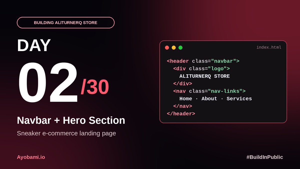 Ayobami_dev's tweet photo. Day 2 of the Foundation School journey….
    
      Started a real build today….a sneaker e-commerce landing page for Aliturnerq Store, should take about a week.
 Got the navbar and hero section done. Styling comes next.
30 days, one project at a time ……🚀 https://t.co/L21AbHY44A