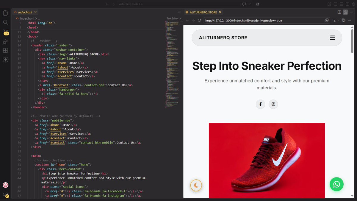 Ayobami_dev's tweet photo. Day 2 of the Foundation School journey….
    
      Started a real build today….a sneaker e-commerce landing page for Aliturnerq Store, should take about a week.
 Got the navbar and hero section done. Styling comes next.
30 days, one project at a time ……🚀 https://t.co/L21AbHY44A