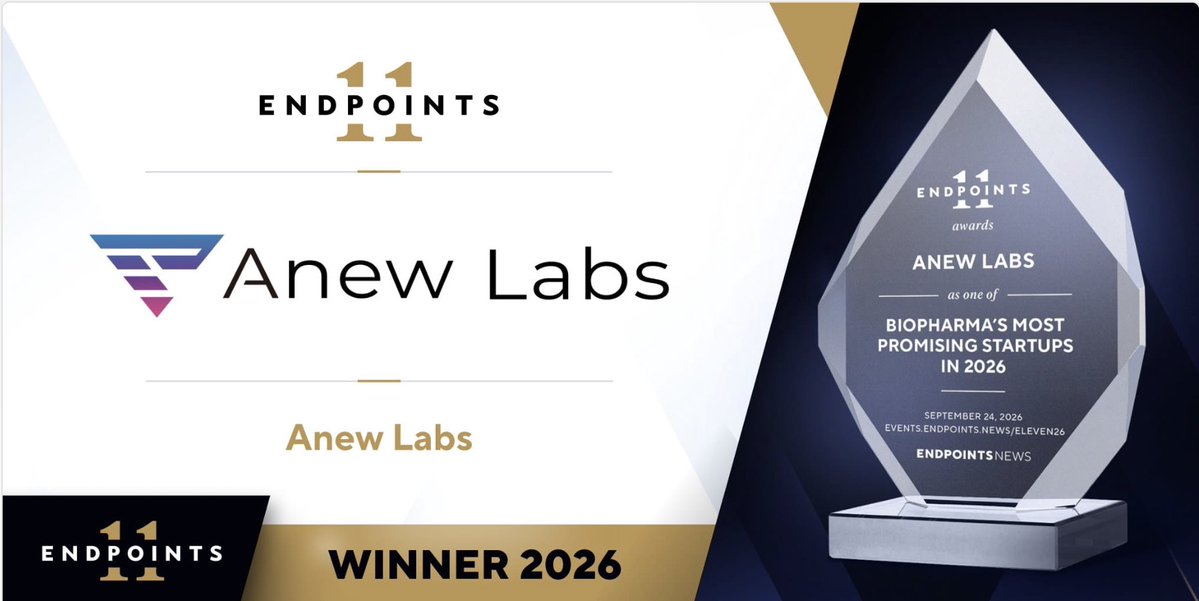 AnewOffcial's tweet photo. Anew Labs has been named to the 2026 Endpoints 11, @endpts' annual list of biotech's most exciting startups.
We drive breakthroughs in AI to tackle longstanding challenges in drug discovery.
Thank you to @endpts and @AndrewE_Dunn , and congratulations to our fellow honorees. https://t.co/KiwXrlhnsm