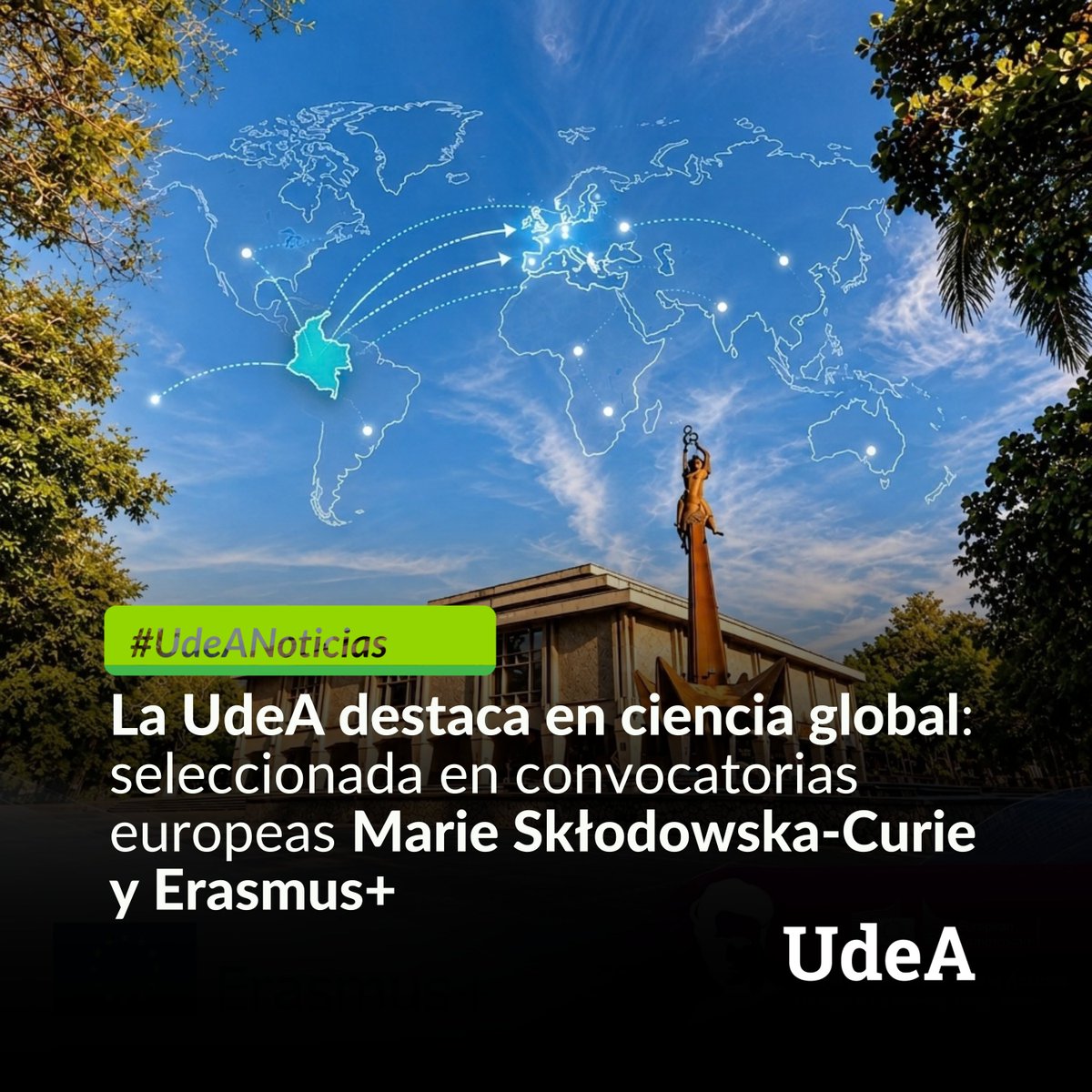 UdeA's tweet photo. 🌎🔬 La ciencia de la #UdeA cruza fronteras

La Universidad de Antioquia fue la única institución de educación superior de #Colombia seleccionada en tres iniciativas de la convocatoria Marie Skłodowska-Curie Staff Exchanges 2026, de la Unión Europea.

A esto se suma su participación en dos proyectos Erasmus+, que fortalecen la cooperación internacional y el desarrollo de capacidades en educación superior.

🌱 Transformar residuos del café en productos de valor, desarrollar sistemas de alerta temprana con inteligencia artificial y fortalecer capacidades en computación quántica: estas son algunas de las apuestas que conectan la investigación de la #UdeA con desafíos locales y agendas científicas globales.

🔎 Conoce los proyectos, sus protagonistas y cómo estas alianzas amplían las posibilidades de investigación y cooperación internacional de la Alma Máter.

👉 Lee la noticia completa en #UdeANoticias🔗 https://t.co/JKZDlDHGG7

💬 Comenta «Noticia» y te enviamos la nota completa por DM.