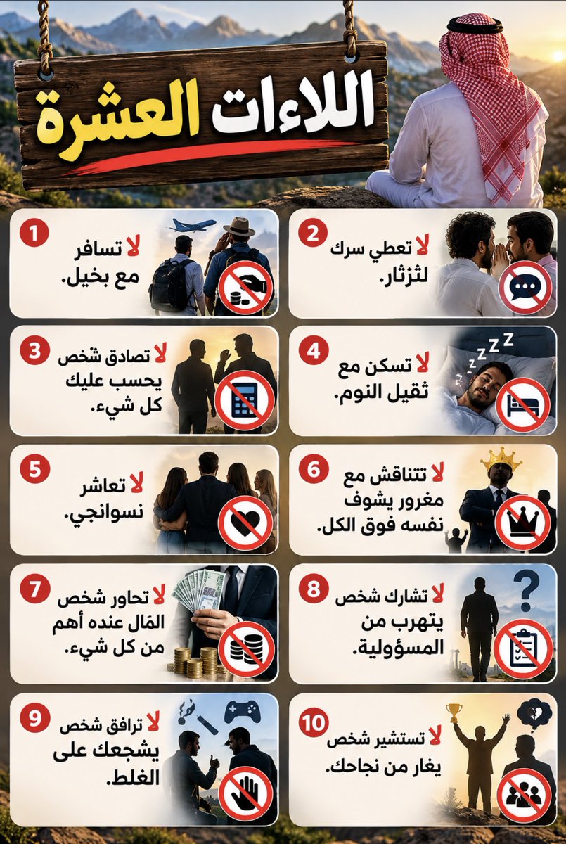 national2024923's tweet photo. 10 أشخاص ... وجودهم في حياتك قد يكلفك راحة بالك .

هناك أشخاص لا تحتاج إلى مجادلتهم أو تغييرهم، بل تحتاج فقط إلى معرفة متى تبتعد عنهم:

1️⃣ البخيل في السفر
2️⃣ الثرثار الذي لا يحفظ سرًا
3️⃣ من يحسب عليك كل شيء
4️⃣ ثقيل النوم
5️⃣ النسوانجي
6️⃣ المغرور الذي يرى نفسه فوق الجميع
7️⃣ من يجعل المال أهم من كل شيء
8️⃣ من يتهرب من المسؤولية
9️⃣ من يشجعك على الخطأ
🔟 من يغار من نجاحك

أحيانًا أفضل قرار تتخذه… هو أن تختار من ترافقهم بعناية...
