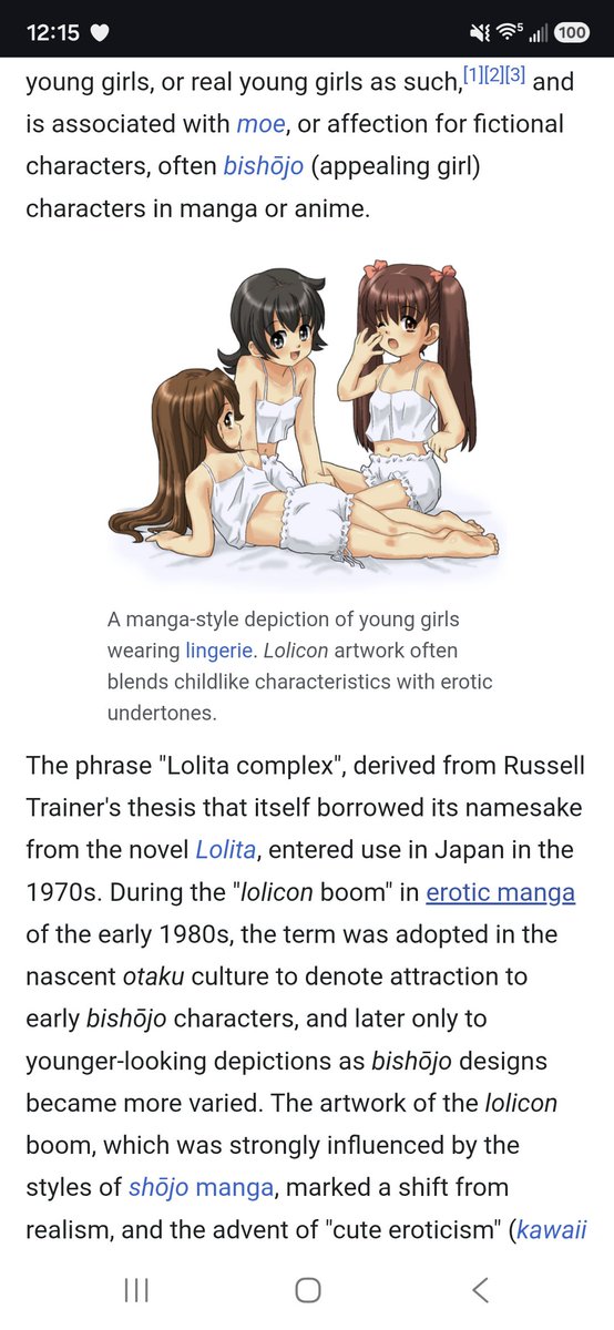 FreakyBro2003's tweet photo. I was surprised that the image they used has the character with his tummy out but then remembered the image for lolicon is with three girls in lingerie and one of them is lying on the floor with her butt towards the viewer. Somebody needs to draw the Wikipedia lolis kissing. https://t.co/uW1R9cknBt