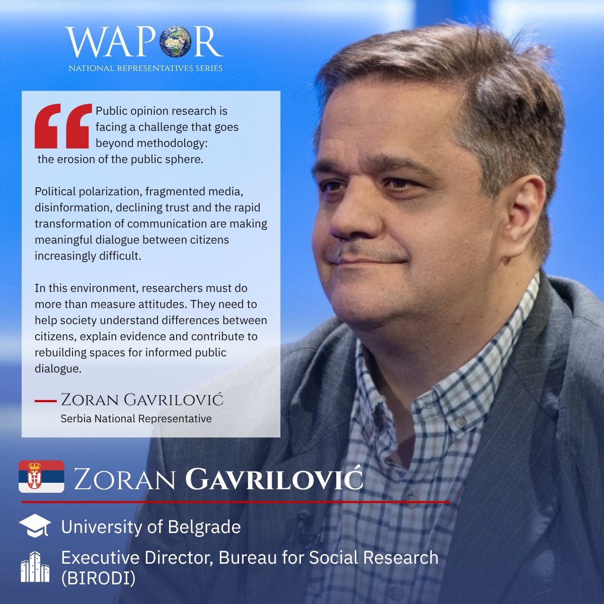 WAPOR's tweet photo. 🇷🇸 Meet Zoran Gavrilović, WAPOR National Representative for Serbia and Executive Director of @BIRODIrs.

His vision for WAPOR: develop “deliberators” who combine public opinion research, journalism and informed dialogue to help rebuild the public sphere. https://t.co/eNHQCL0SOz