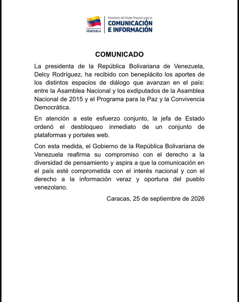 GabyGabyGG's tweet photo. El gobierno publicó un primer comunicado en el que se señala que Delcy Rodríguez “ordenó el desbloqueo inmediato” de portales y plataformas web. 
Luego lo borraron y publicaron nuevamente modificado.
Cambiaron el “desbloqueo inmediato” por “levantar medidas administrativas”… https://t.co/tTIw3U96h0