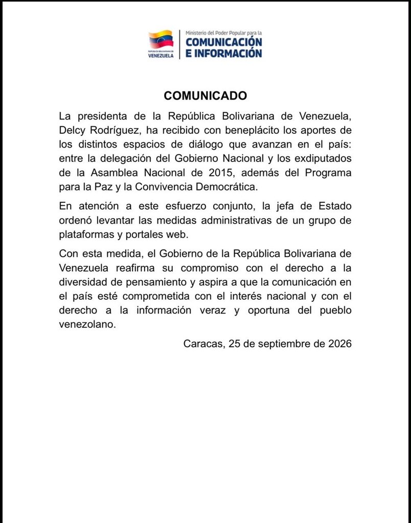 GabyGabyGG's tweet photo. El gobierno publicó un primer comunicado en el que se señala que Delcy Rodríguez “ordenó el desbloqueo inmediato” de portales y plataformas web. 
Luego lo borraron y publicaron nuevamente modificado.
Cambiaron el “desbloqueo inmediato” por “levantar medidas administrativas”… https://t.co/tTIw3U96h0