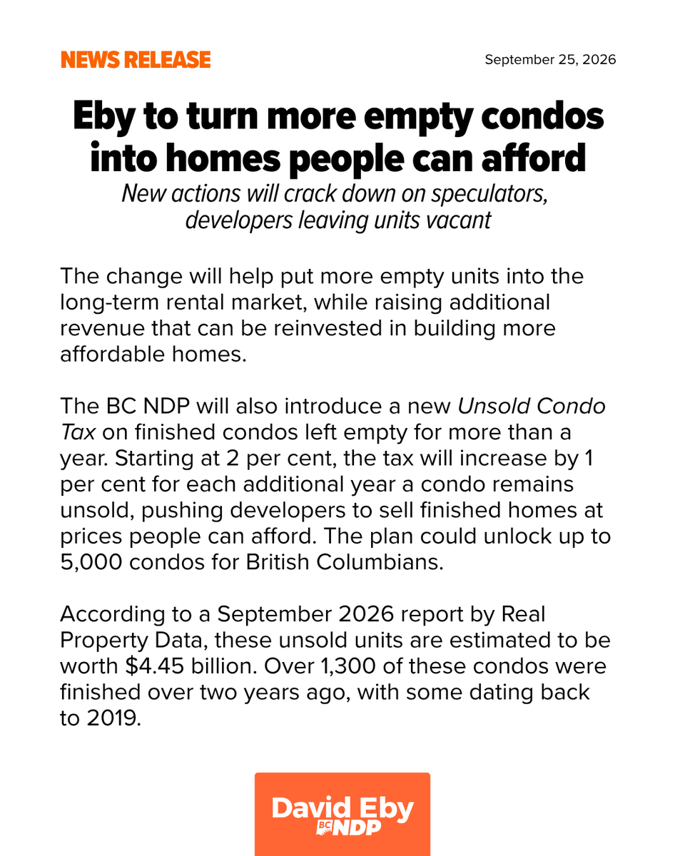 bcndp's tweet photo. #NEW: Eby to turn more empty condos into homes people can afford | Conservatives have always opposed our plan and would send rents skyrocketing.

5,000 finished condos sit empty while people can't find a home. Not for long. https://t.co/L02npxN49D