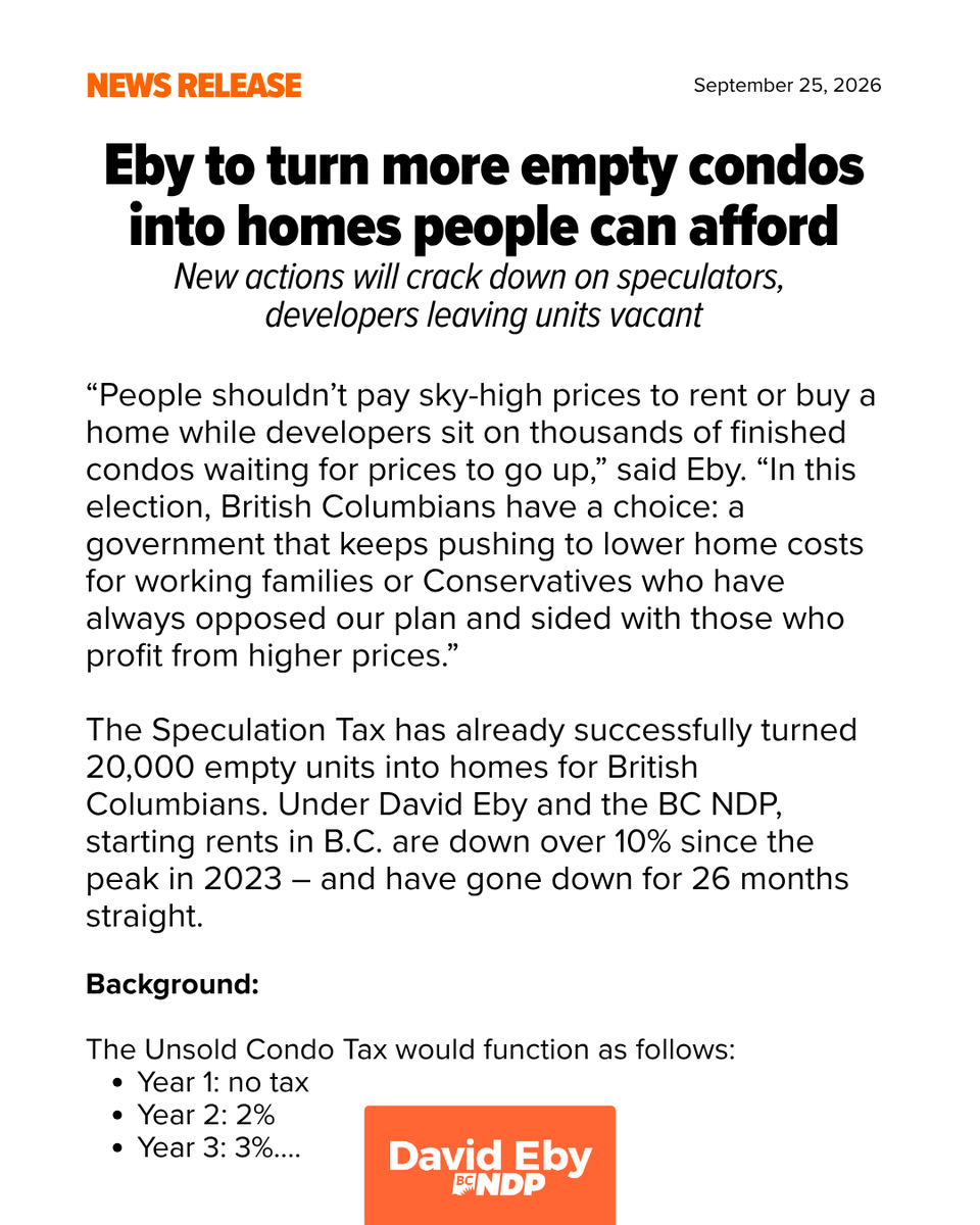 bcndp's tweet photo. #NEW: Eby to turn more empty condos into homes people can afford | Conservatives have always opposed our plan and would send rents skyrocketing.

5,000 finished condos sit empty while people can't find a home. Not for long. https://t.co/L02npxN49D