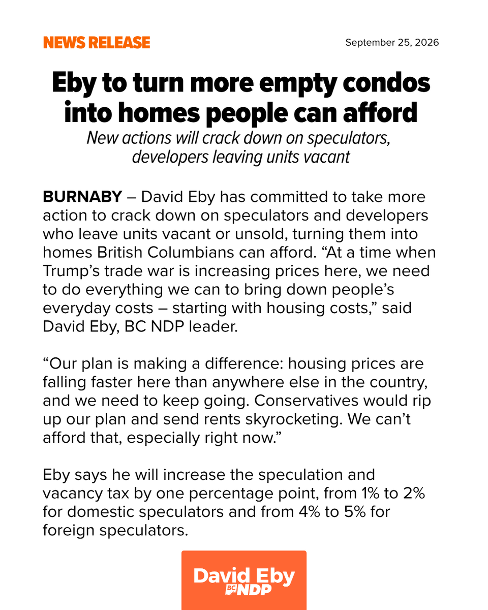 bcndp's tweet photo. #NEW: Eby to turn more empty condos into homes people can afford | Conservatives have always opposed our plan and would send rents skyrocketing.

5,000 finished condos sit empty while people can't find a home. Not for long. https://t.co/L02npxN49D