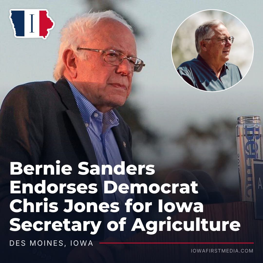 IowaFirstMedia's tweet photo. DES MOINES, Iowa – Bernie Sanders, unexpectedly, decided to throw his name behind Democrat Chris Jones for Iowa secretary of agriculture, and it is hard to invent a worse pairing for a state that lives on long, laborious days in the field. 

Sanders, the Vermont socialist who has spent years lecturing the working class from his multiple million-dollar mansions, lined up with Jones through the same progressive network that wants constitutional water rights, new mandates on farmers, and a “strategic retreat” from ethanol. 

Jones is the Iowa City scientist and author running against incumbent Republican Mike Naig. A recent Cygnal poll of likely voters put Naig ahead 43–36%, with a chunk still undecided. 

Jones has spent his campaign calling Naig a “secretary of agribusiness,” and promising to regulate the corn-soy-CAFO system. What he cannot talk his way out of is the 2021 clip in which he said grain farming “isn’t that hard,” farmers are “only working a few weeks out of the year,” and that a lot of them are “wealthy, older white guys” making 3 times what the average Iowan makes. Iowa GOP chair Jeff Kaufmann, whose family has farmed here since 1836, called it insulting the people whose votes Jones now wants.⁠

Many are saying the endorsement does Naig more good than Jones. Sanders remains one of the most polarizing figures in national politics. Naig grew up on a northwest Iowa farm, has held the office since 2018, pushed the bipartisan Iowa Farm Act, expanded Choose Iowa local-food markets, and talks about trade, profitability, and a farm-to-faucet approach, instead of blaming every farmer in the state. 

Jones wants fewer acres in ethanol, more regulation, and a wholesale redesign of how Iowa farms. The Farm Bureau already endorsed Naig. Farmers who actually put in the hours know the difference between a research scientist who thinks the work is easy, and a secretary who has spent 8 years trying to keep the industry standing. Sanders attaching his name to Jones only makes that contrast sharper.

Business inquiries, corrections, story leads, or contributor requests? Email us at newsroom@iowafirstmedia.com.

Photo: Shelly Prevost from San Francisco, CA