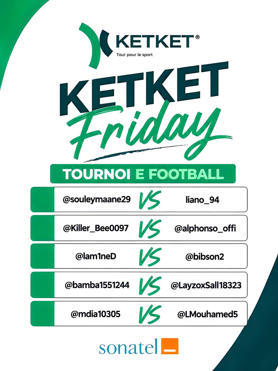 ketket_sn's tweet photo. Bonsoir la Team E-Football,

Voici les différents versus de la 2ᵉ journée du tournoi

Bonne chance à tous les participants et que le meilleur gagne !

#KetketFriday 

@GroupeSonatel https://t.co/MhG3FJSaNR