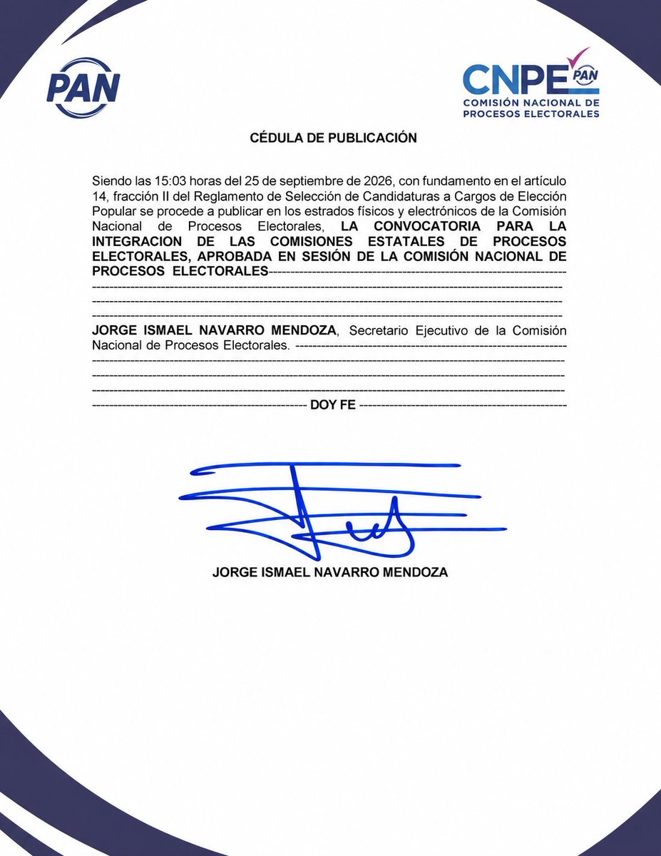 CNPEPAN2629's tweet photo. 📢 La CNPE de @AccionNacional 2026–2029 informa:

El día de hoy 25/09/2026, se publicó en los Estrados Electrónicos la Convocatoria para la integración de las Comisiones Estatales de PE, aprobada en sesión de la CNPE PAN hoy.

🔗 Consultala aquí:
https://t.co/QKvuoAp8Vr https://t.co/yHVe4uygHt