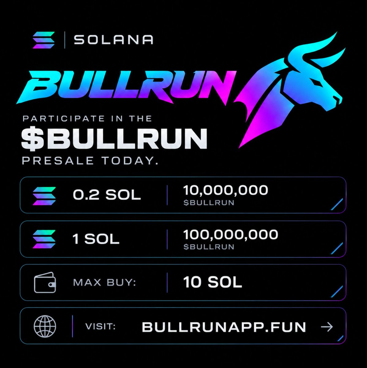 BullrunCash's tweet photo. 🚨 LIMITED $BULLRUN PRESALE⏱️
🔥 NEXT 1000X COIN | EXCHANGES INCOMING

0.2 SOL → 10M $BULLRUN 
1 SOL → 100M $BULLRUN 

MIN : 0.2 $SOL  | MAX: 10 $SOL 

BUY ON 𝕏 → Send SOL:
8trY7gA9kzf9Yu4LUW8SdGCuydHAHfodCEFH3CGHUgWR

🎁 $100 AIRDROP - RETWEET + DROP YOUR SOLANA WALLET
🌐 https://t.co/kPXjjNCJWu