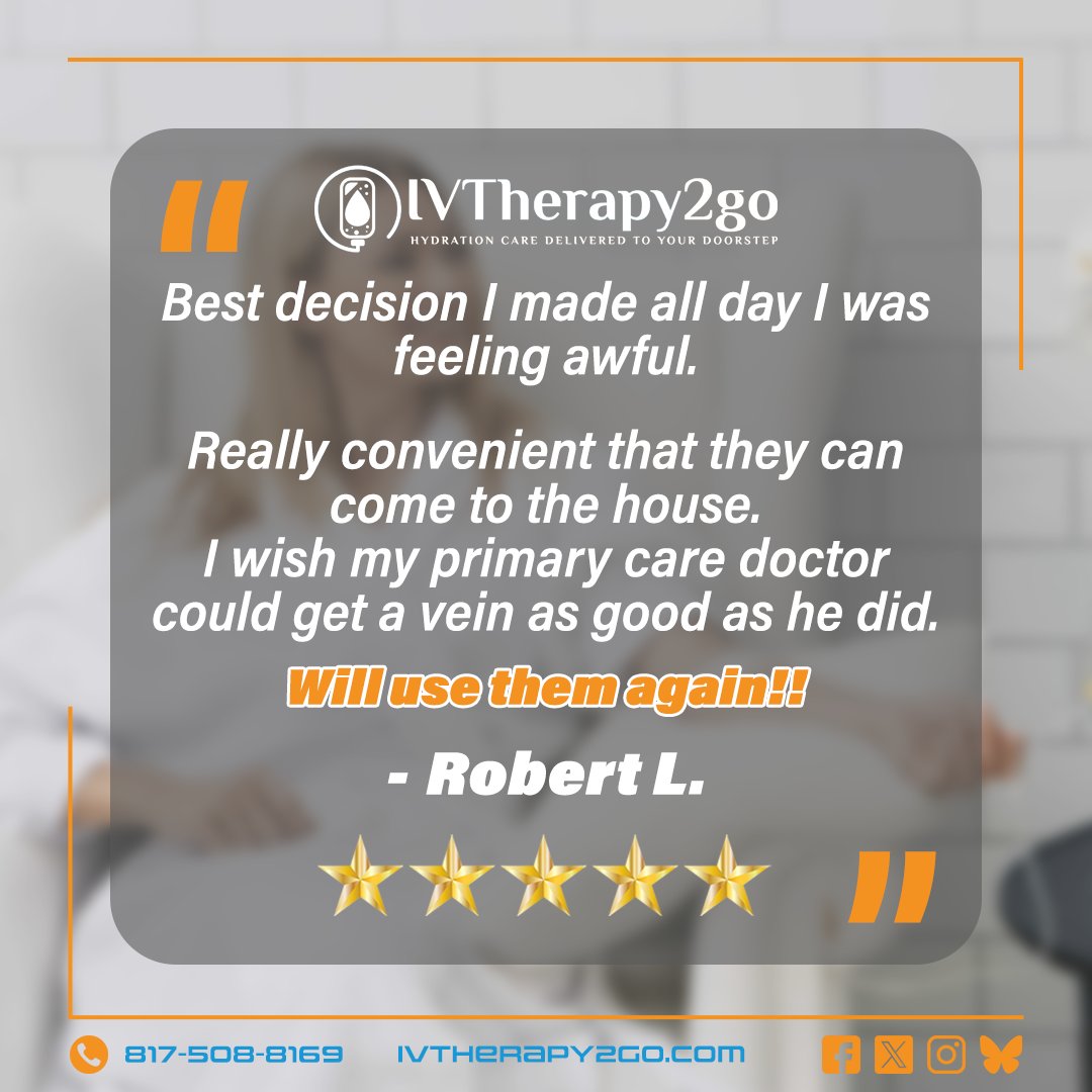 IVTherapy2go's tweet photo. Thank you Robert for trusting &amp; sharing your experience with us🧡

Mobile IV hydration allows eligible patients to receive professionally administered IV therapy in the comfort of their home, office, or hotel.

#IVTherapy2Go #MobileIV #IVTherapyNearMe #AtHomeIVTherapy https://t.co/v2pz1jHFzo