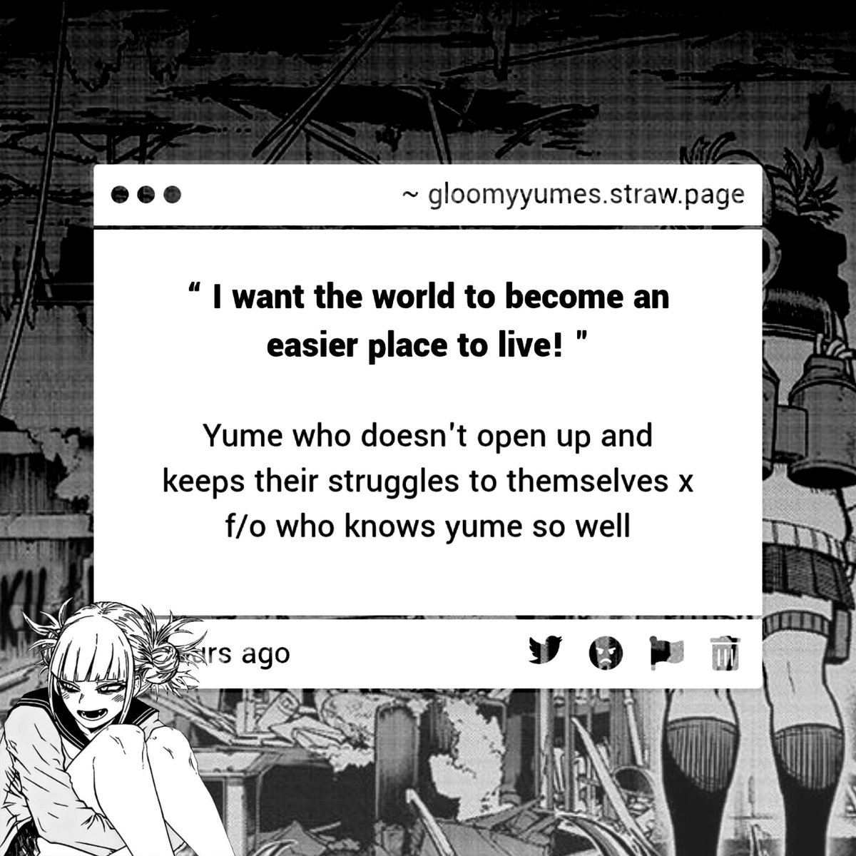 gloomyyumes's tweet photo. ⸺       𝜗💬            submission           𖹭

“ yume  who  doesn't  open  up  and  keeps  their  struggles  to  themselves  x  f/o  who  knows  yume  so  well ” https://t.co/N9V756ooP6