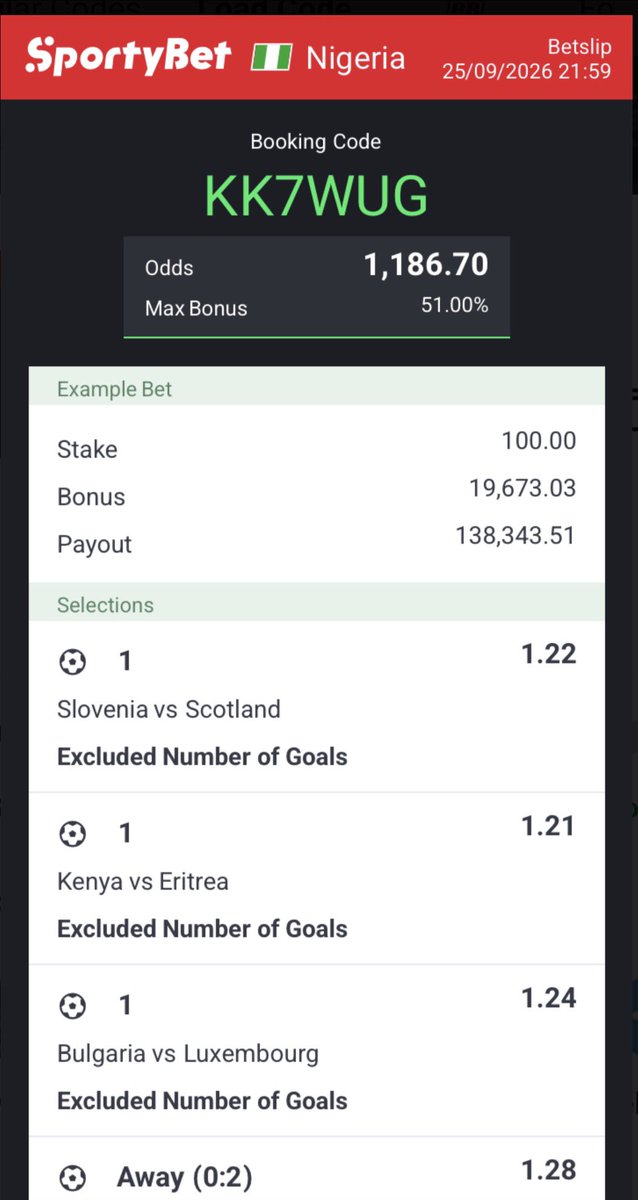 Mrsam4u01's tweet photo. Sportybet
Today game 
Booking code 👉 KK7WUG
Stake responsibly 
Goodluck https://t.co/LfbyFG5Tc5