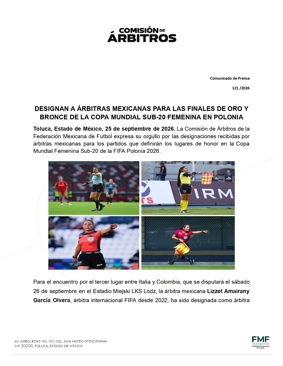 Arbitraje_MX's tweet photo. 📰| Designan a árbitras mexicanas para las Finales de oro y bronce de la Copa Mundial Sub-20 Femenina en Polonia. https://t.co/DFmbwC7vU5