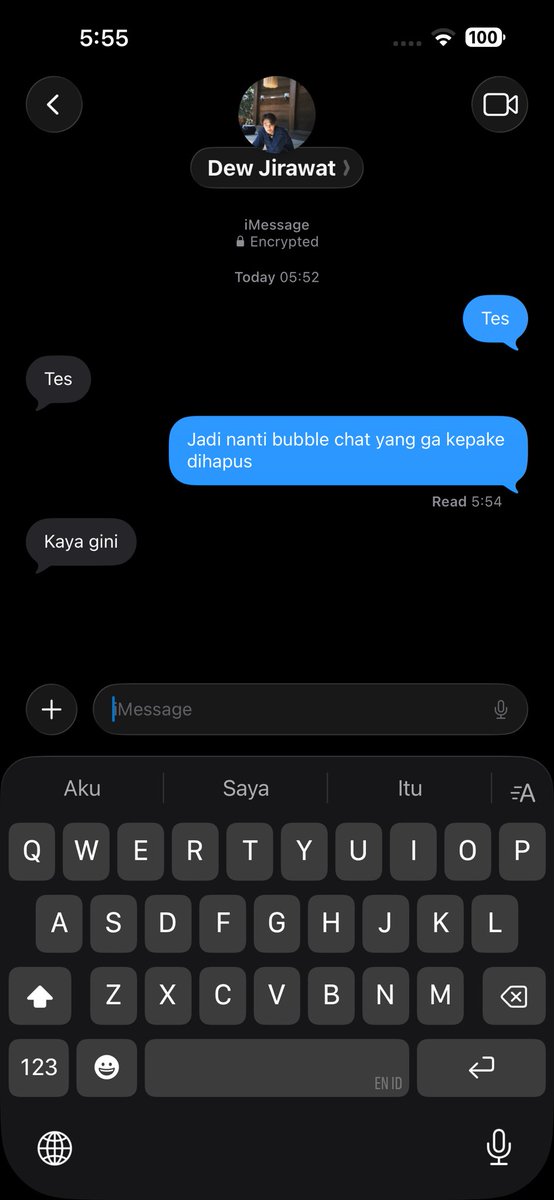 poettoearth's tweet photo. caranya tinggal ngechat ke akun imess sendiri. terus nanti jadinya si chat kita tuh ke kirim balik ke kita. abis itu bubble chat yg ga dibutuhin tinggal dihapus aja. agak ribet sih emang. https://t.co/q8kYAeEsBD