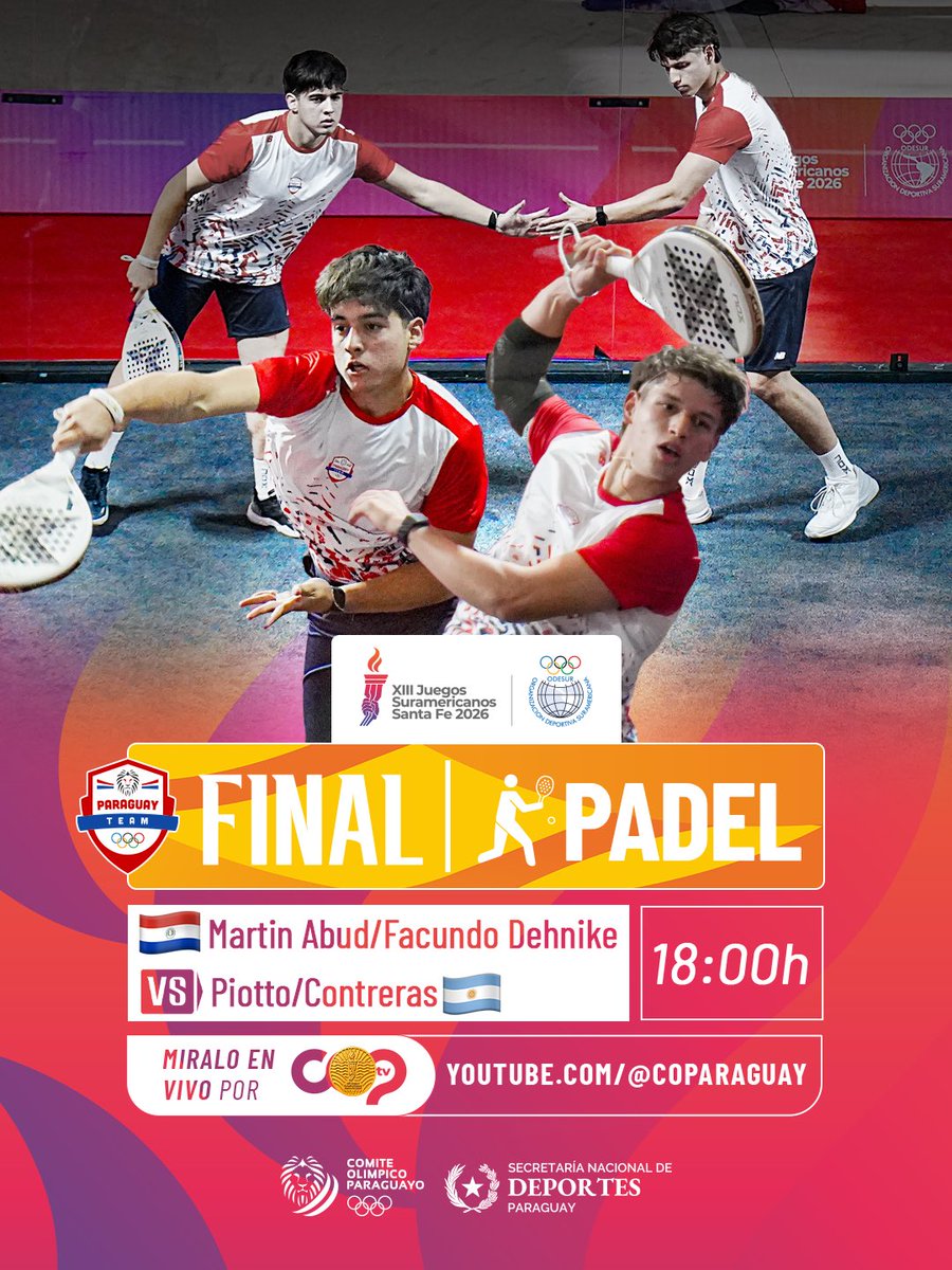 coparaguay's tweet photo. 🎾 #Pádel Masculino 🙋🏻‍♂️ #TeamParaguay

💪🏻 ¡JUGAMOS la FINAL! 🥇

🇵🇾 PARAGUAY 🆚 Argentina 🇦🇷 

🚨 EN VIVO: https://t.co/SPJvSIoqvL

✅ XIII Juegos Suramericanos Santa Fe 🇦🇷 2026 | @suramericanos26 

💪🏻 #ParaguayPuede https://t.co/ghuwRluw1d
