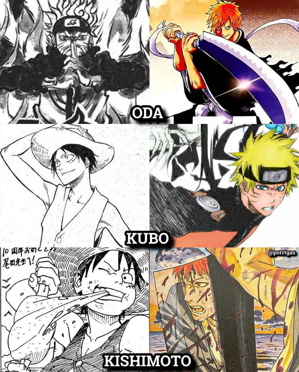 Retro_Bleach1's tweet photo. Big 3 Mangakas drawing each other's MCs... https://t.co/A10KcmWfXk