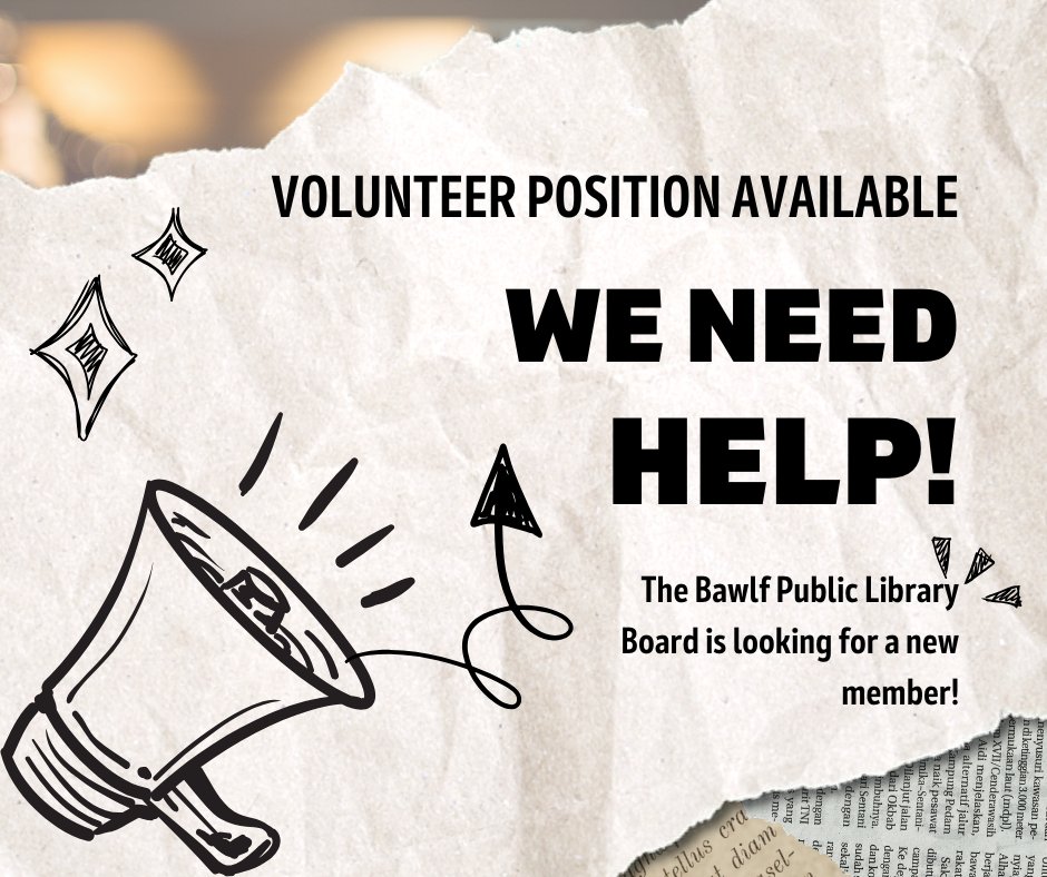 BawlfLibrary's tweet photo. The Bawlf Public Library Board is looking for a new member! The board meets the second Thursday each month, with a break in July, August and December.
Please contact the library if you are interested.
#volunteer #publiclibrary #weneedyou #please #feelingkindadesperate @BawlfAB https://t.co/yH6fJsM2JY