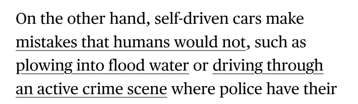 JurffTT's tweet photo. @TimRobinsson Almost every argument marshalled against the safety AVs promise relies on anecdotal stories of things that human drivers do, case in point:

Humans constantly drive into flooded areas! They constantly drive through police barricades! 

Fight with the data, not with anecdotes. https://t.co/aBXNX6p9zu